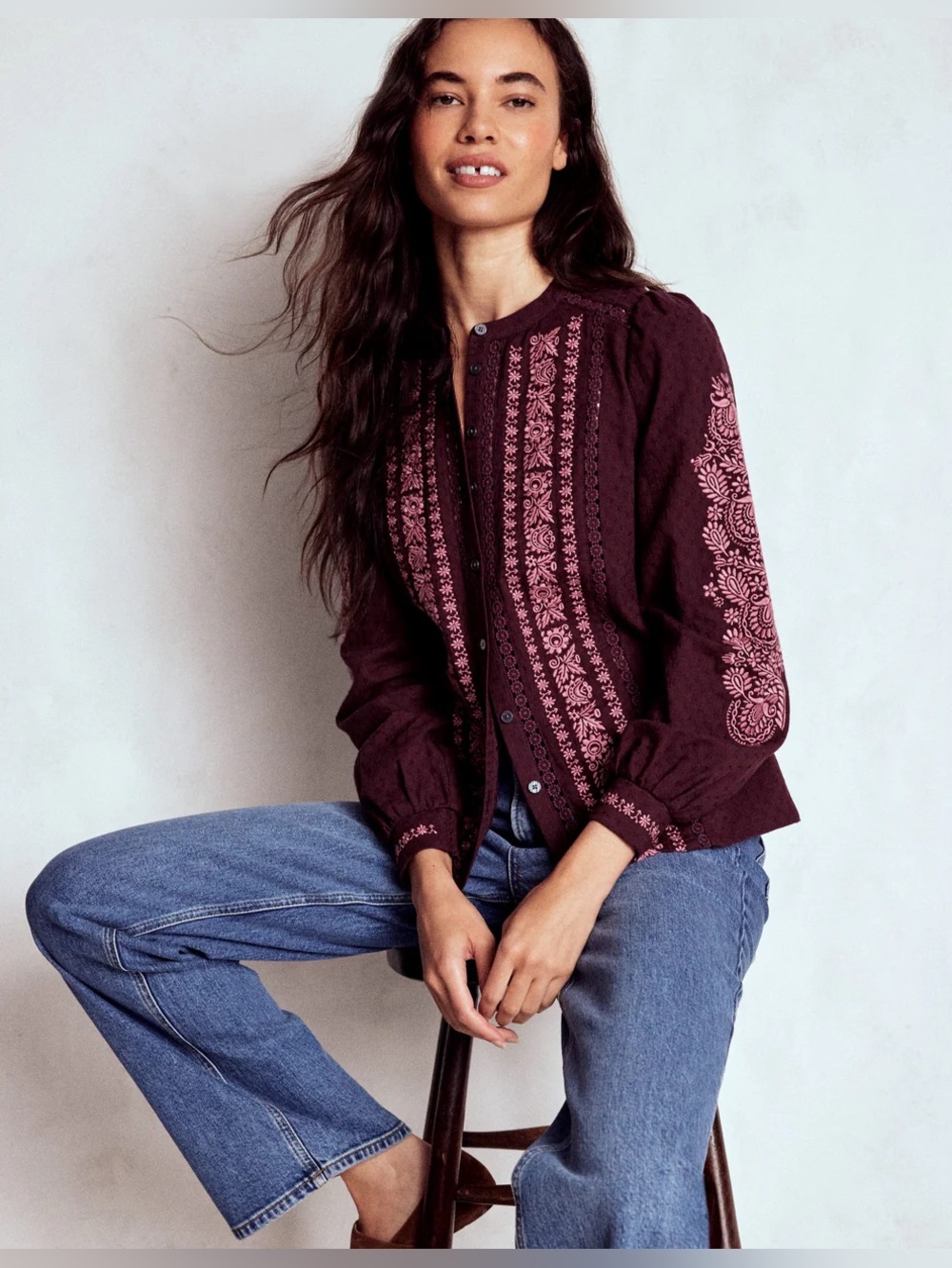 Boden Embroidered Cotton Top- Dark Cherry - Picture 3 of 6